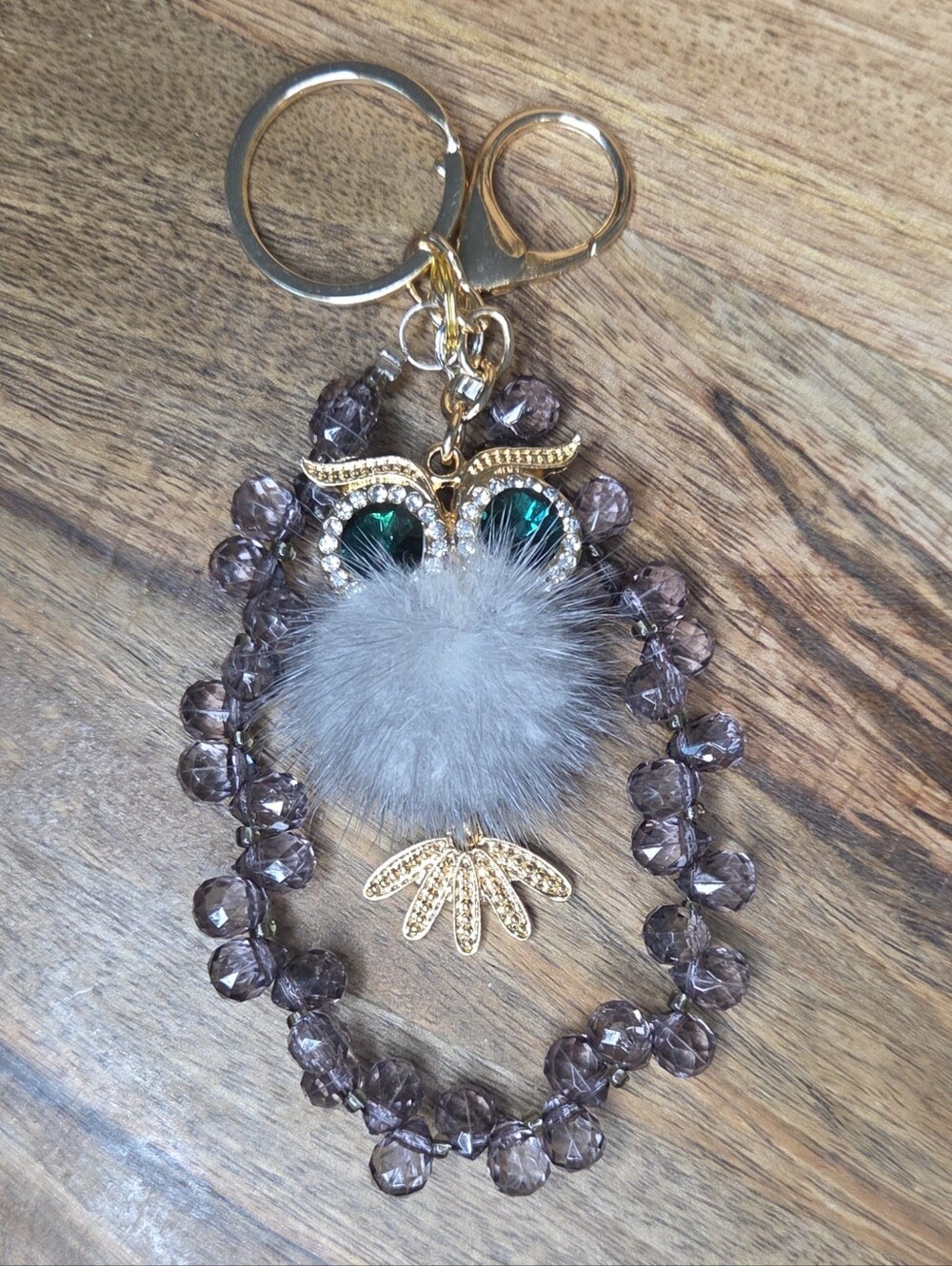Gold Owl Fuzzy Belly Keychain with Gray Fur and Smoky Beaded Wristlet!